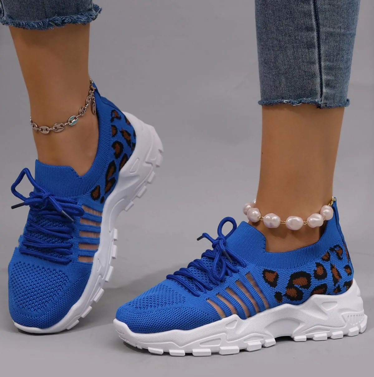 2025 New Women's Leopard Print Lace Up Low Top Sneakers,Casual Comfortable Sports Running Shoes