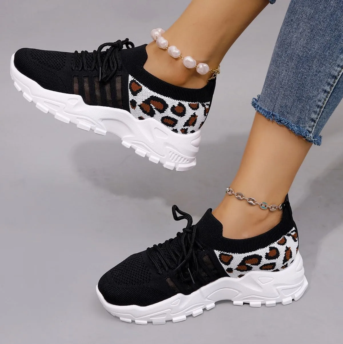 2025 New Women's Leopard Print Lace Up Low Top Sneakers,Casual Comfortable Sports Running Shoes