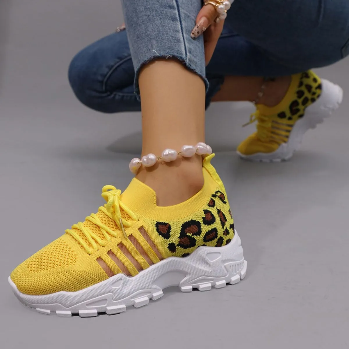 2025 New Women's Leopard Print Lace Up Low Top Sneakers,Casual Comfortable Sports Running Shoes