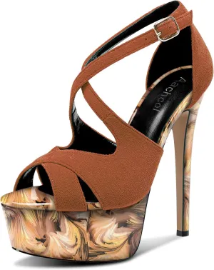Aachcol Womens Stiletto High Platform Heel Peep Open Toe Sandals Cross-Strap Buckle Prom Dress 5.9 Inches Heels