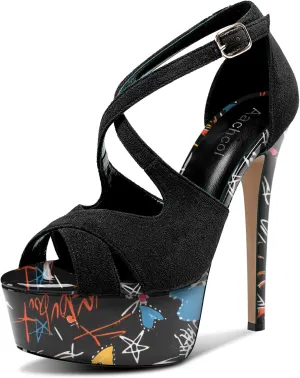 Aachcol Womens Stiletto High Platform Heel Peep Open Toe Sandals Cross-Strap Buckle Prom Dress 5.9 Inches Heels