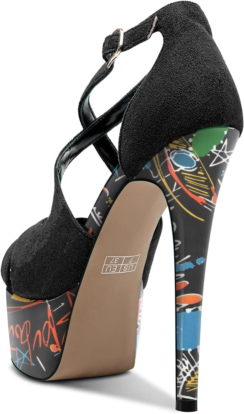 Aachcol Womens Stiletto High Platform Heel Peep Open Toe Sandals Cross-Strap Buckle Prom Dress 5.9 Inches Heels