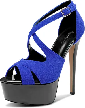 Aachcol Womens Stiletto High Platform Heel Peep Open Toe Sandals Cross-Strap Buckle Prom Dress 5.9 Inches Heels