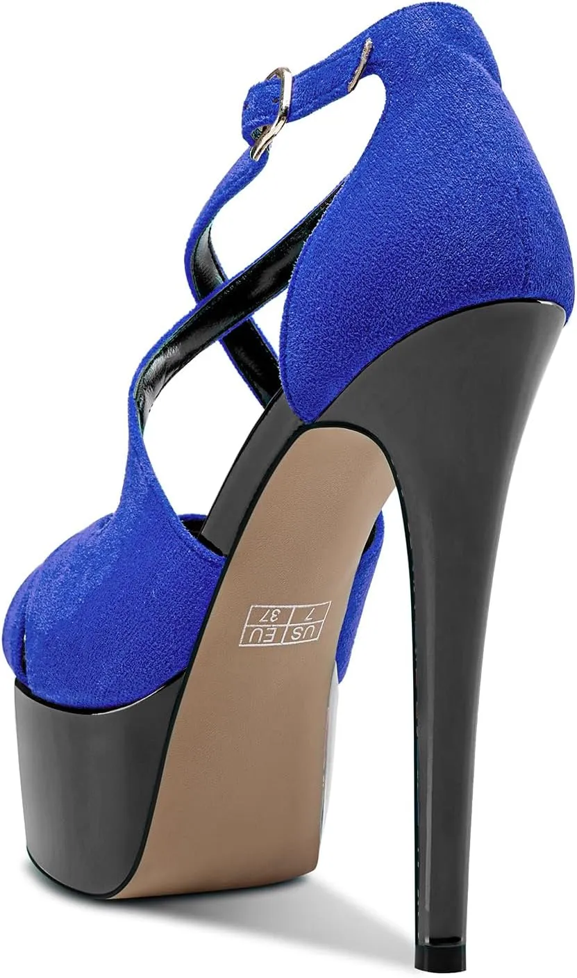 Aachcol Womens Stiletto High Platform Heel Peep Open Toe Sandals Cross-Strap Buckle Prom Dress 5.9 Inches Heels