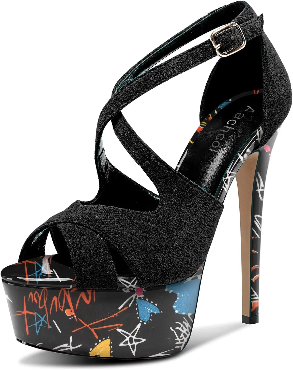 Aachcol Womens Stiletto High Platform Heel Peep Open Toe Sandals Cross-Strap Buckle Prom Dress 5.9 Inches Heels