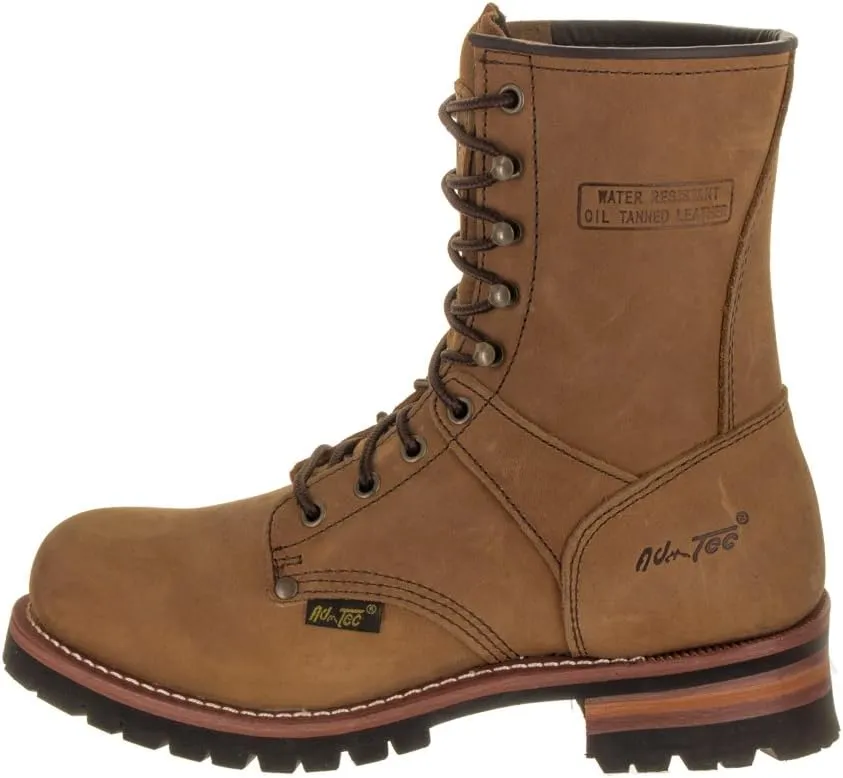 Ad Tec 9in Logger Crazy Horse Leather Work Boots for Men - Plain Soft Toe & Shock Absorbing Non Slip Rubber Lug Sole