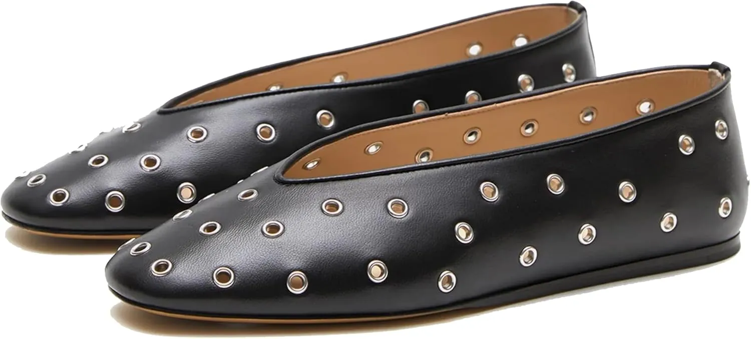 Arqa Women's Round Toe Studded Leather Slippers Comfortable Casual Soft Slip On Suede Leather Ballet Flats Dressy Simple Ballerina Walking Low Heel Shoes