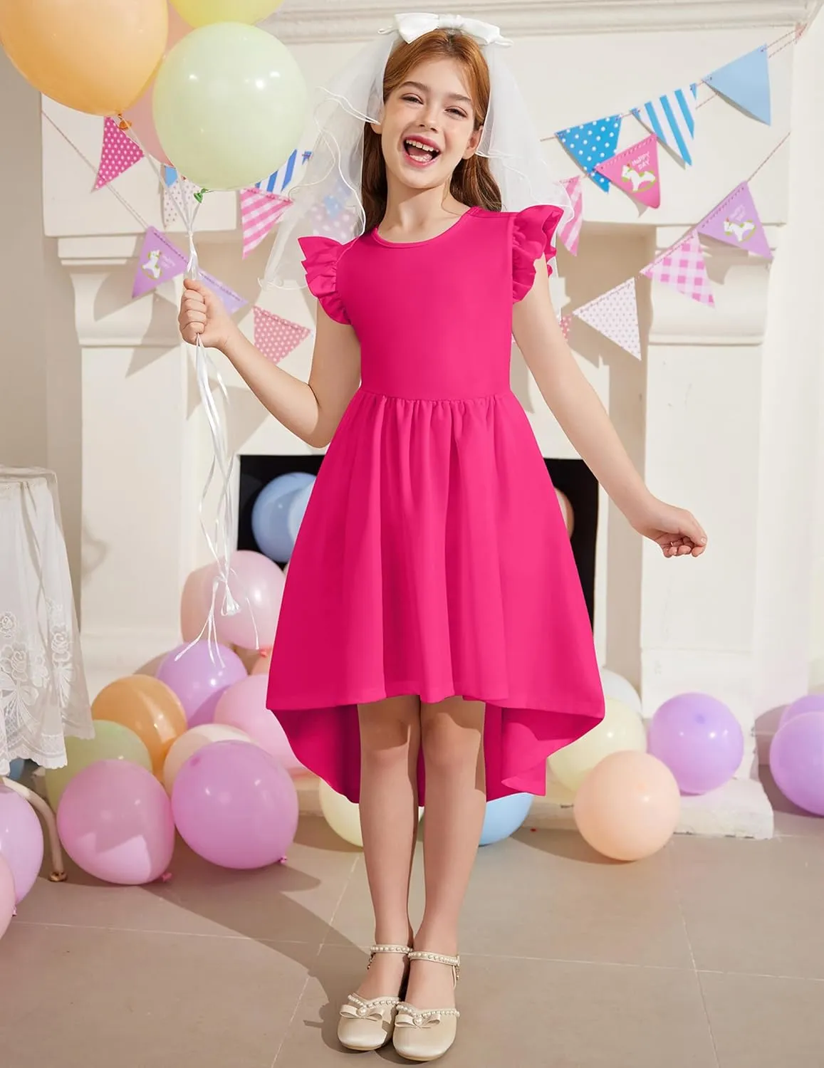 Arshiner Girls Summer Dress Tween Flutter Sleeve High Low Formal Dresses for Wedding Party with Pocket
