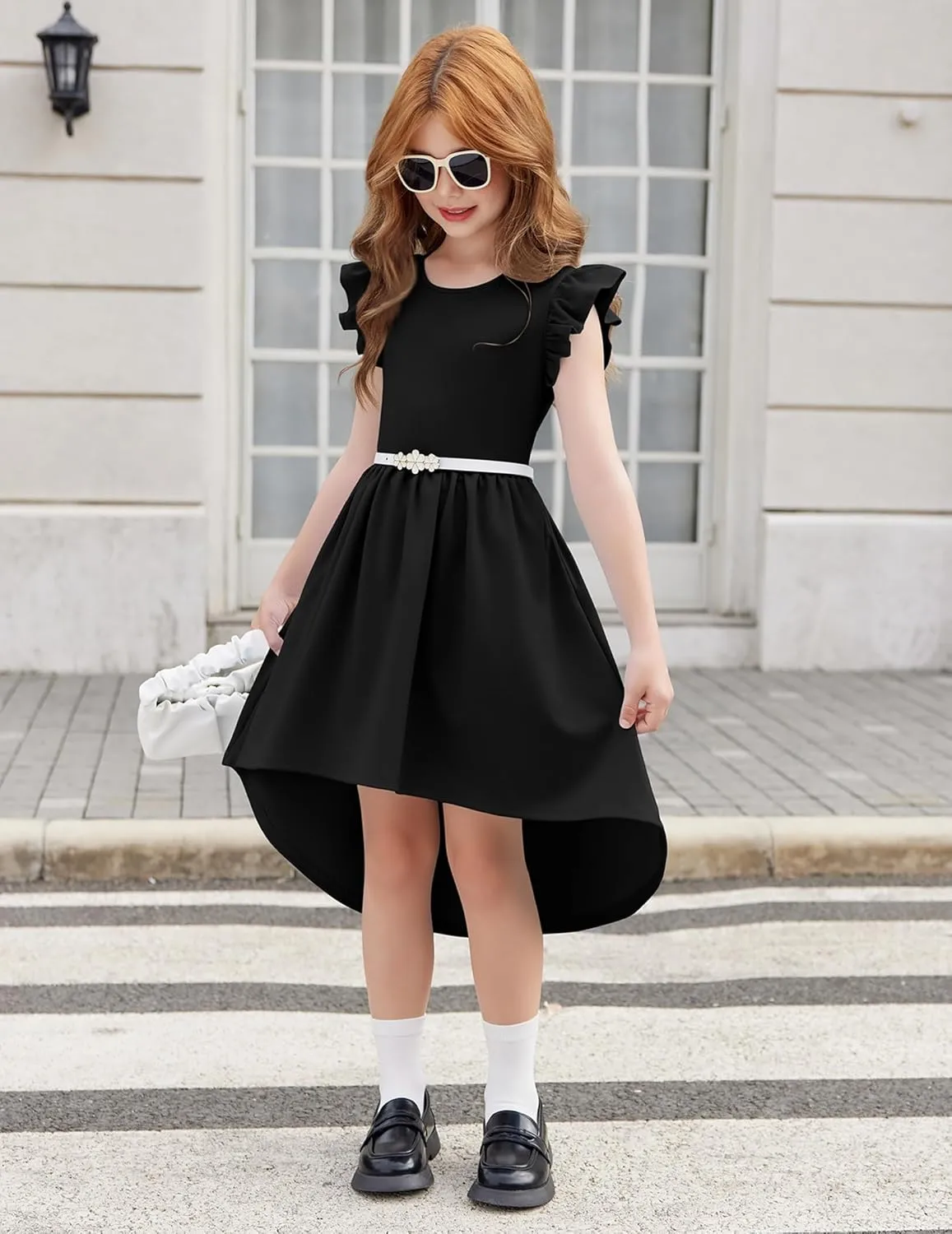 Arshiner Girls Summer Dress Tween Flutter Sleeve High Low Formal Dresses for Wedding Party with Pocket