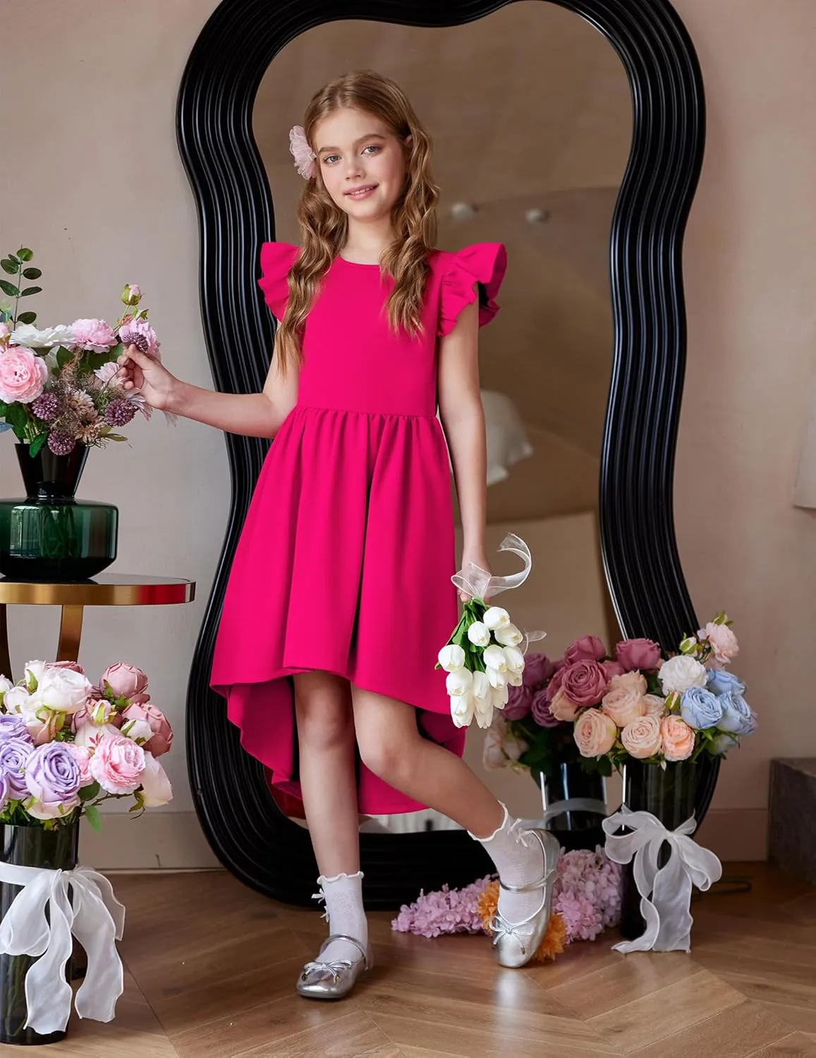 Arshiner Girls Summer Dress Tween Flutter Sleeve High Low Formal Dresses for Wedding Party with Pocket
