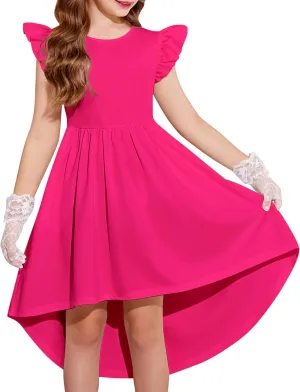 Arshiner Girls Summer Dress Tween Flutter Sleeve High Low Formal Dresses for Wedding Party with Pocket