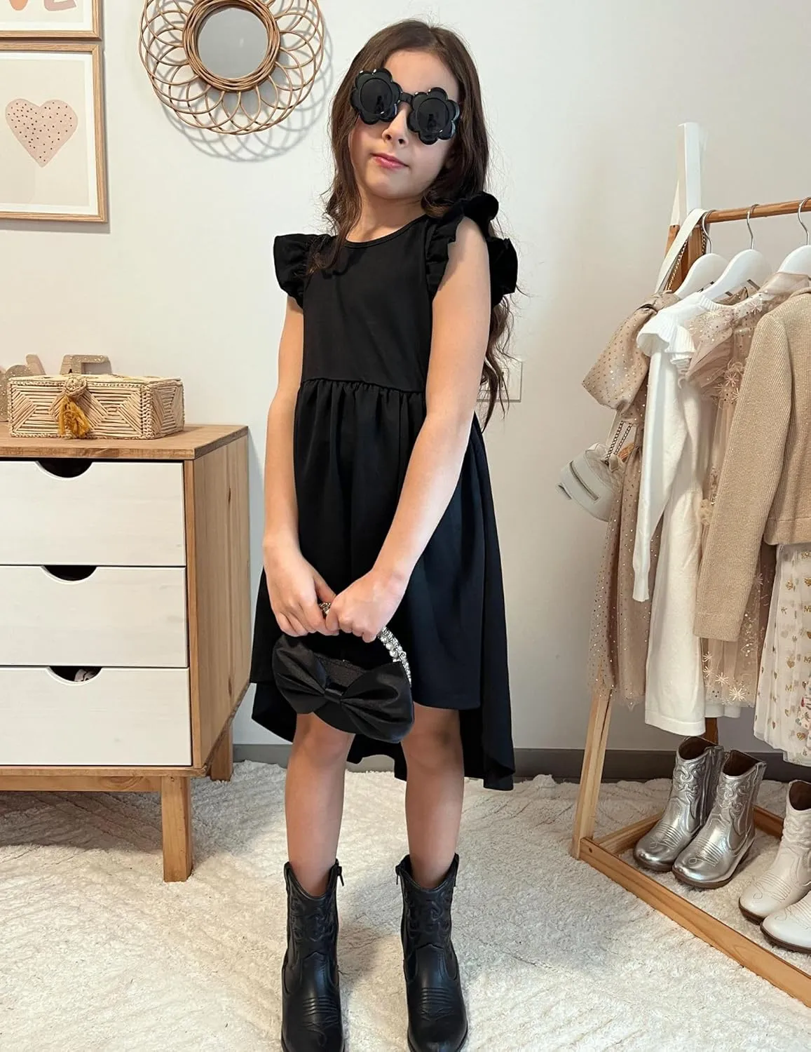 Arshiner Girls Summer Dress Tween Flutter Sleeve High Low Formal Dresses for Wedding Party with Pocket
