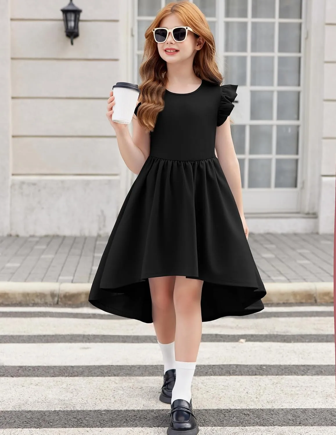 Arshiner Girls Summer Dress Tween Flutter Sleeve High Low Formal Dresses for Wedding Party with Pocket