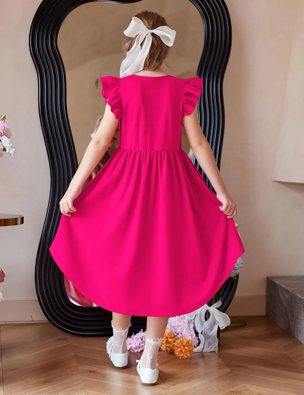 Arshiner Girls Summer Dress Tween Flutter Sleeve High Low Formal Dresses for Wedding Party with Pocket