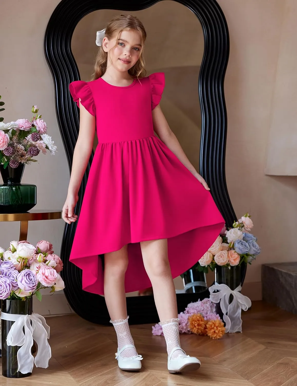 Arshiner Girls Summer Dress Tween Flutter Sleeve High Low Formal Dresses for Wedding Party with Pocket
