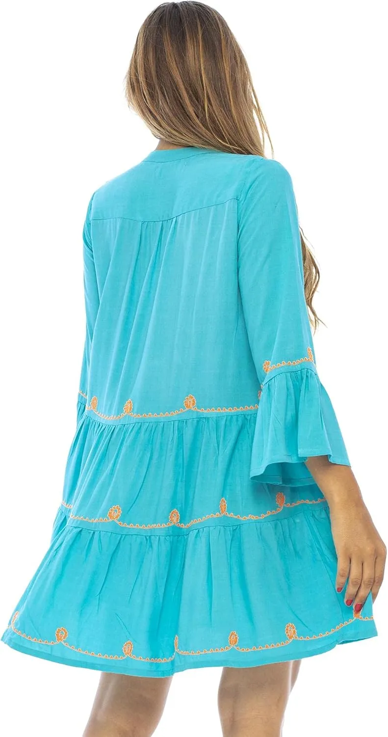 Back From Bali Womens Short Sundress Flowy Boho Beach Dress with Embroidered V Neck, Casual Sexy Summer Party Dress