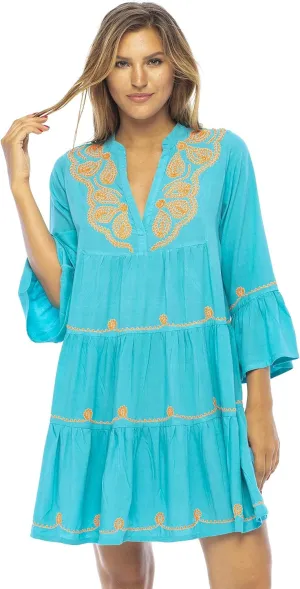 Back From Bali Womens Short Sundress Flowy Boho Beach Dress with Embroidered V Neck, Casual Sexy Summer Party Dress