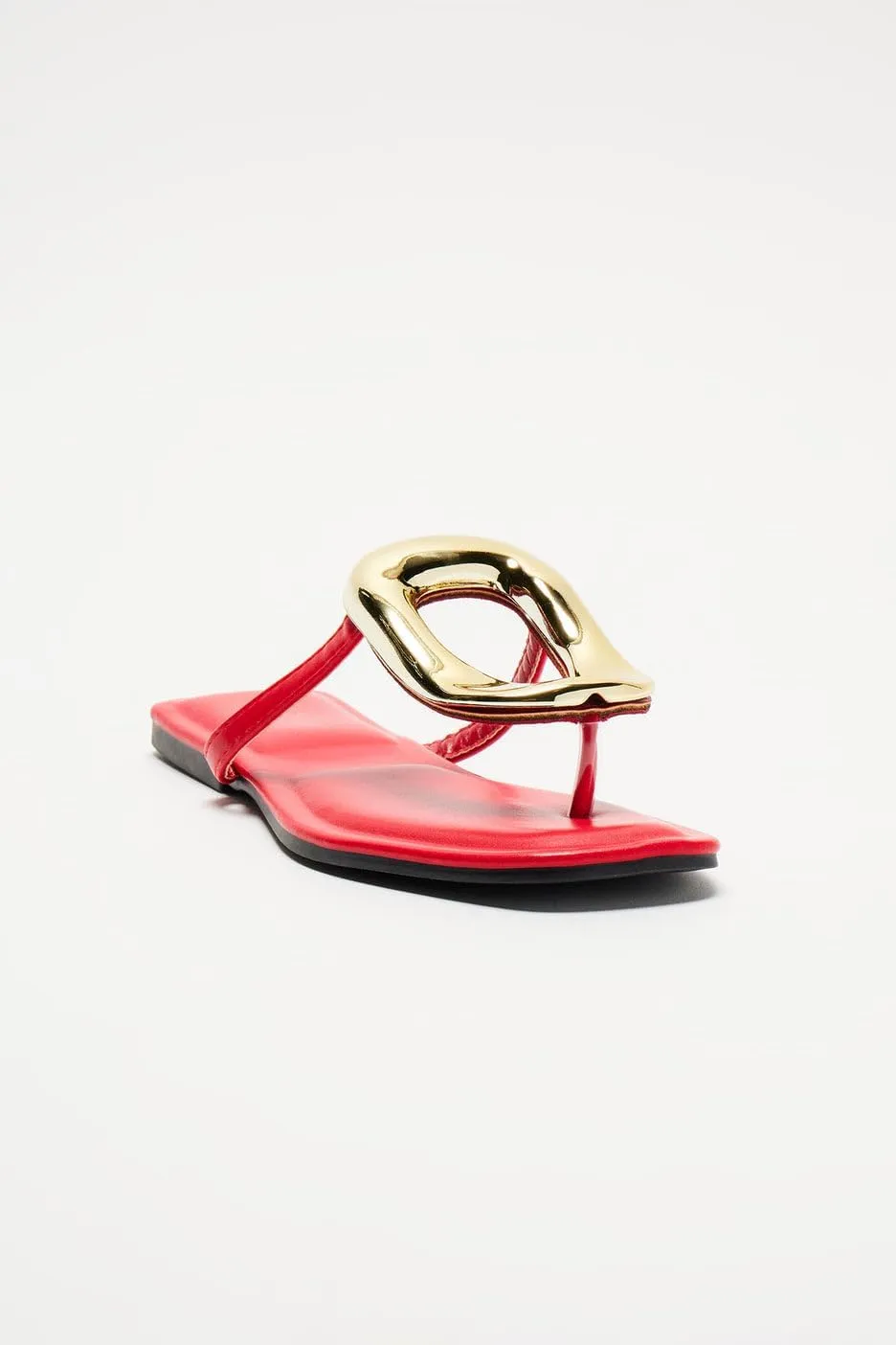 BAMBOO Women's Thong Square Toe Round Ornament Accent Flat Sandals
