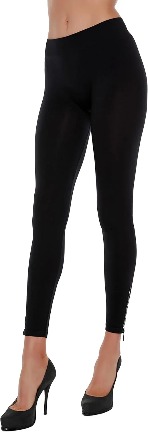Black Leggings for Women with Rhinestone Zipper Seamless Fashion Legging