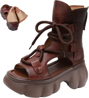 BlackeEight Women's High Top Leather Sandals Open Toe Boot,Summer Vintage Comfort Muffin Platform Zip Dress Short Ankle Booties