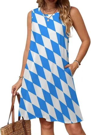 Blue Diamond Shaped Bavarian Flag Women's Summer Dress Sleeveless Casual Loose Beach Vacation Tank Sundress