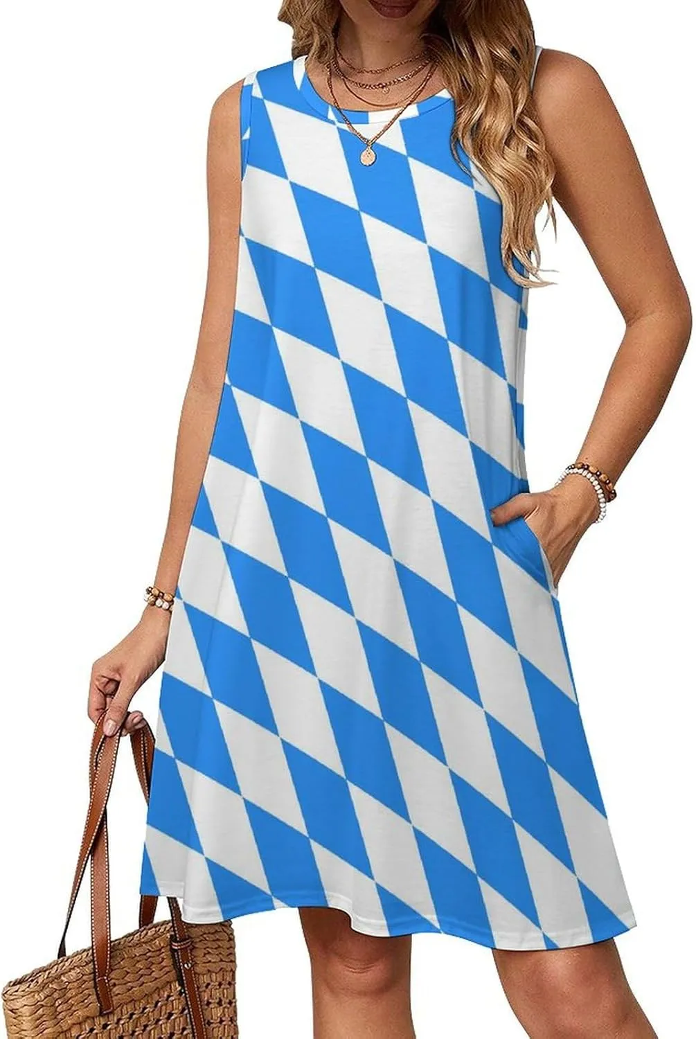 Blue Diamond Shaped Bavarian Flag Women's Summer Dress Sleeveless Casual Loose Beach Vacation Tank Sundress