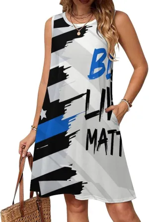 Blue Lives Matter with USA Flag Women's Summer Dress Sleeveless Casual Loose Beach Vacation Tank Sundress