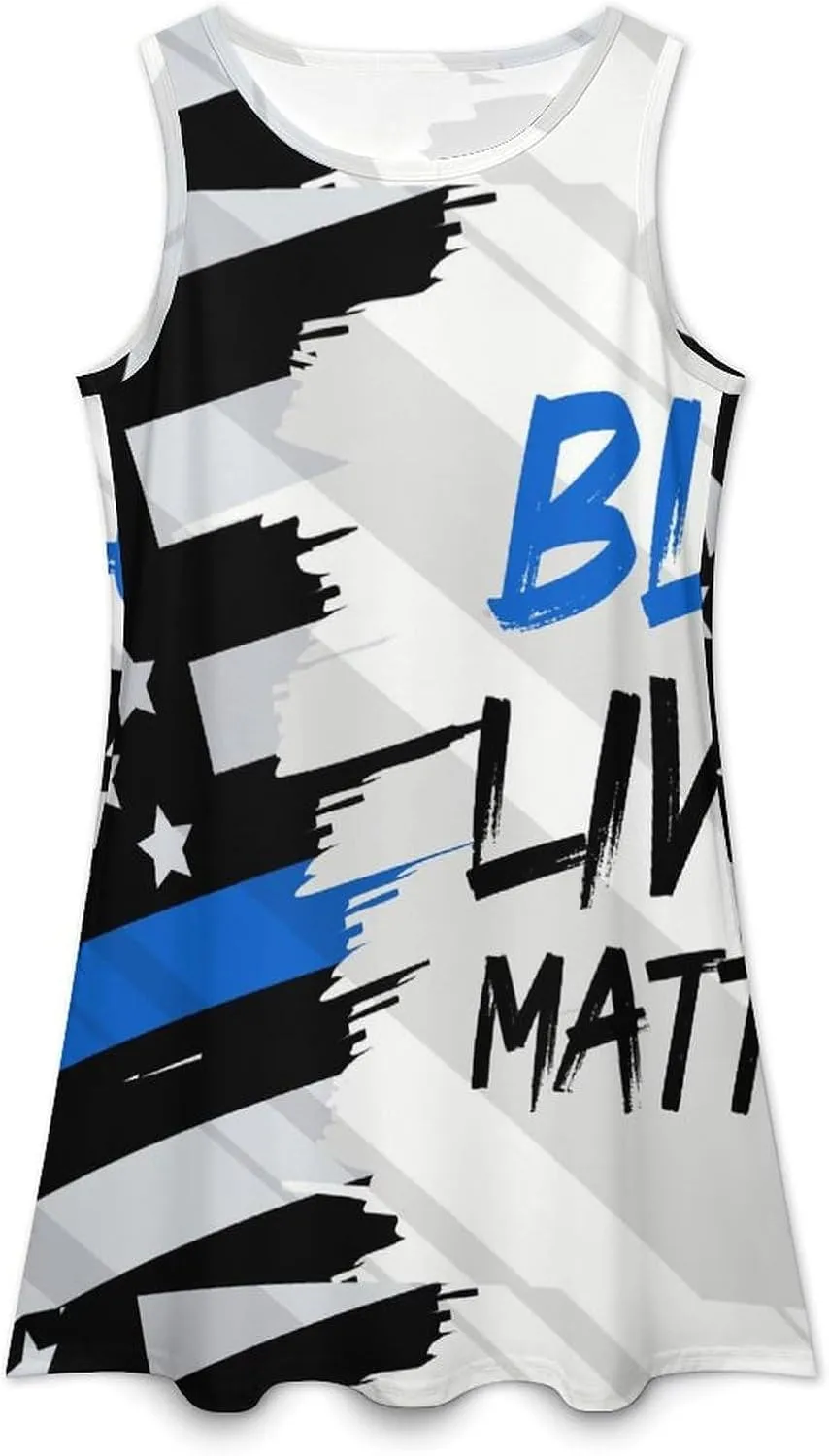 Blue Lives Matter with USA Flag Women's Summer Dress Sleeveless Casual Loose Beach Vacation Tank Sundress