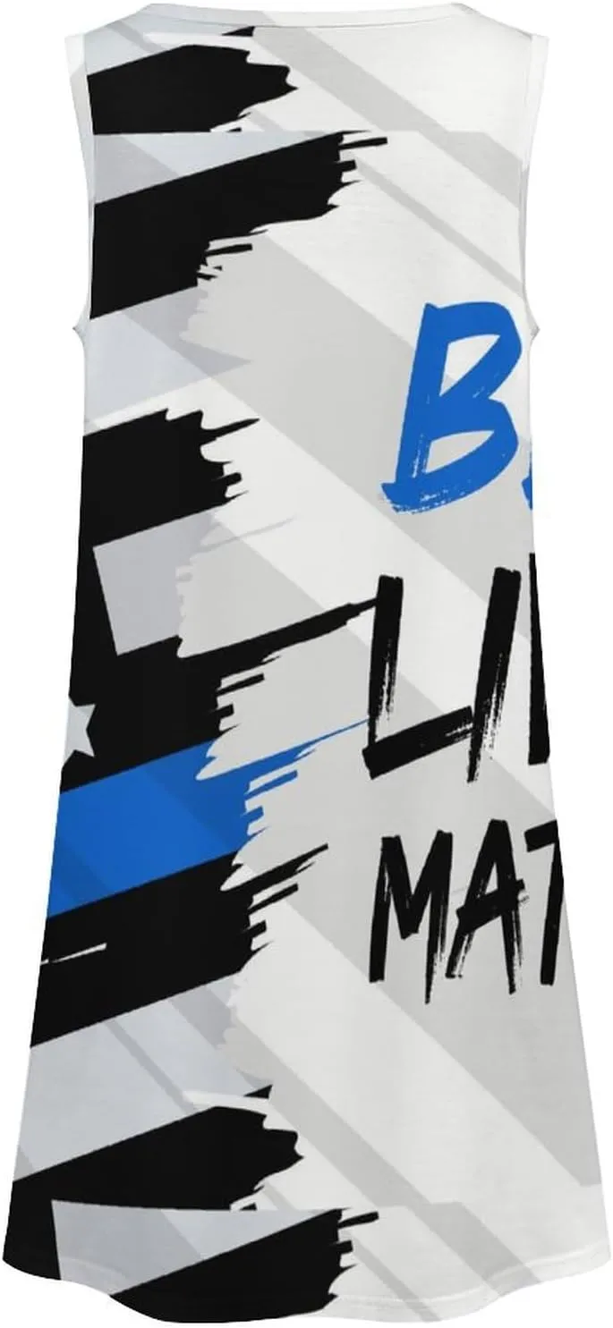 Blue Lives Matter with USA Flag Women's Summer Dress Sleeveless Casual Loose Beach Vacation Tank Sundress