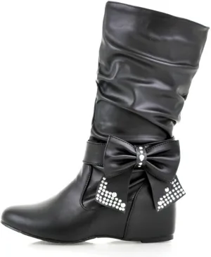 Bow Leather Mid Calf Boots For Women Elegant Low Heels Rhinestone Pointed Toe Slip On Hidden Wedge Knee High Boots Comfort Flat Heel Party Dress Booties
