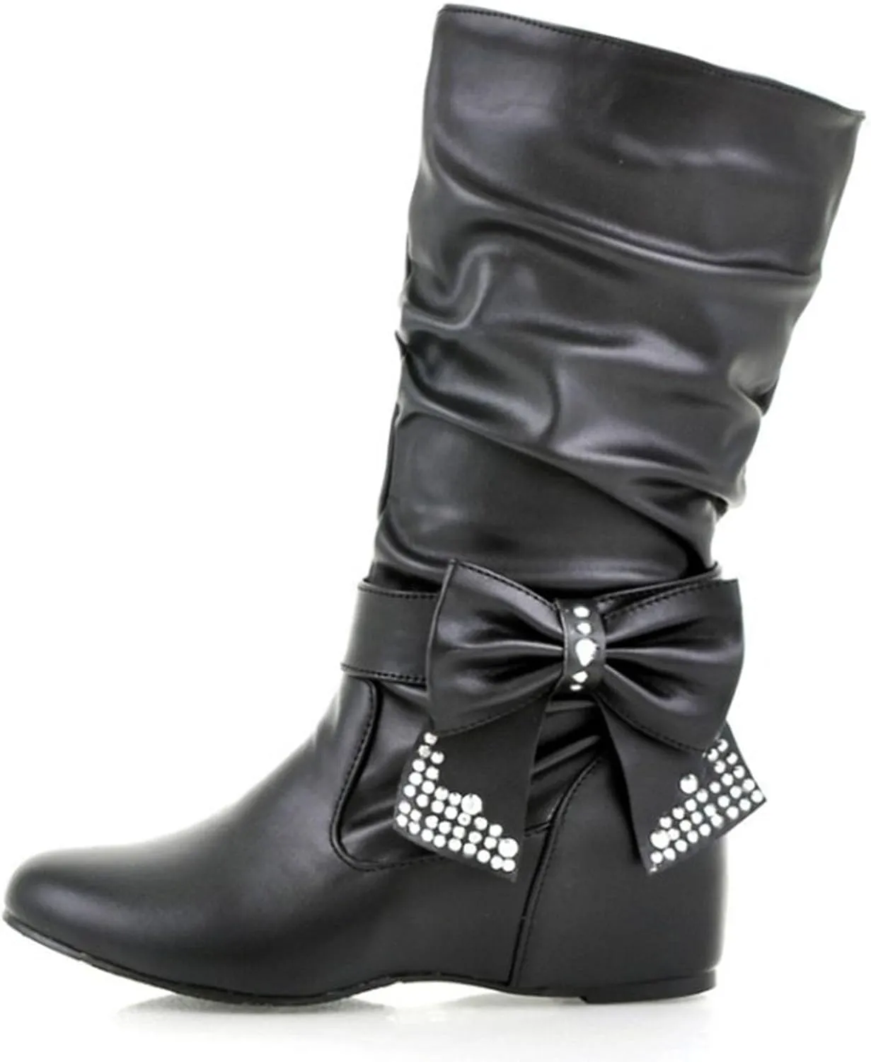 Bow Leather Mid Calf Boots For Women Elegant Low Heels Rhinestone Pointed Toe Slip On Hidden Wedge Knee High Boots Comfort Flat Heel Party Dress Booties