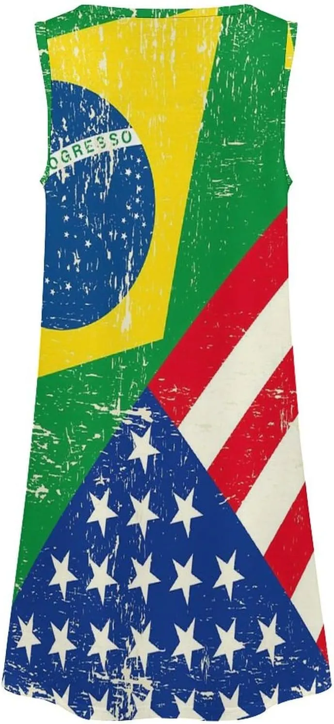 Brazil and USA Flag Women's Summer Dress Sleeveless Casual Loose Beach Vacation Tank Sundress