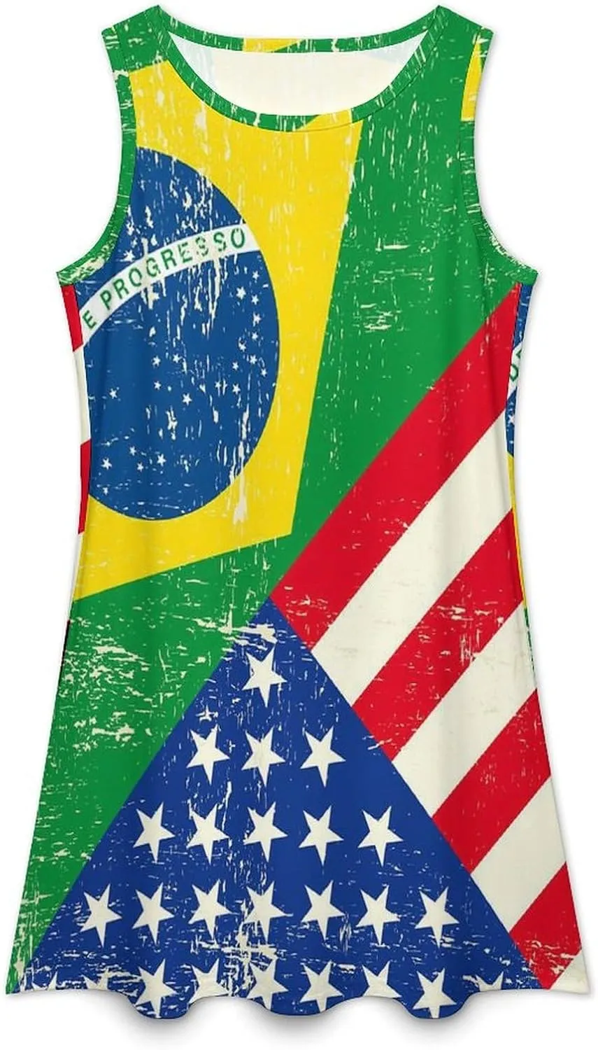 Brazil and USA Flag Women's Summer Dress Sleeveless Casual Loose Beach Vacation Tank Sundress