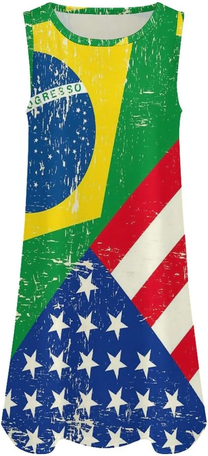 Brazil and USA Flag Women's Summer Dress Sleeveless Casual Loose Beach Vacation Tank Sundress