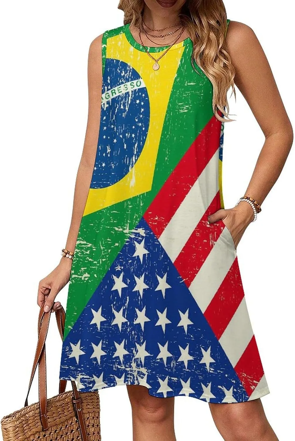 Brazil and USA Flag Women's Summer Dress Sleeveless Casual Loose Beach Vacation Tank Sundress