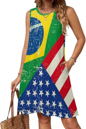 Brazil and USA Flag Women's Summer Dress Sleeveless Casual Loose Beach Vacation Tank Sundress