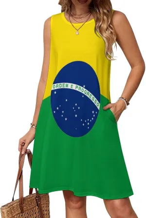Brazil Flag Women's Summer Dress Sleeveless Casual Loose Beach Vacation Tank Sundress