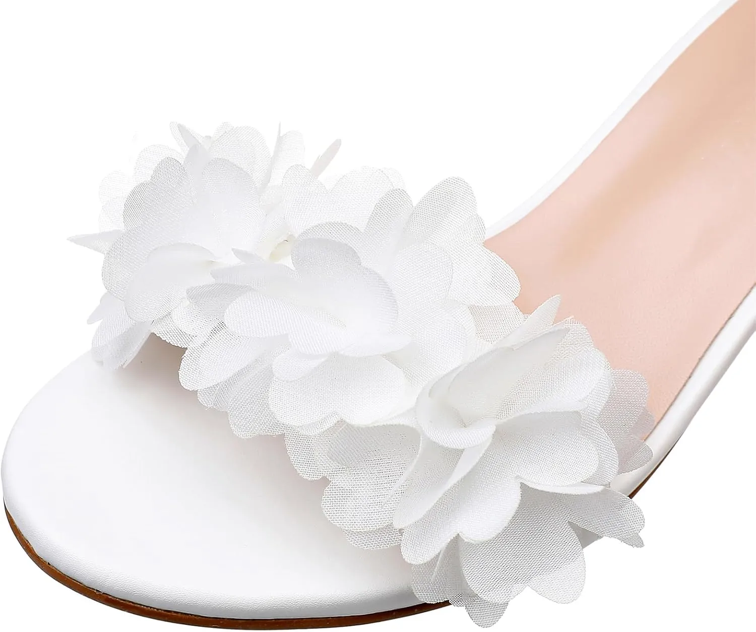 Bridal Shoes for Women White Chunky Peep Toe Sandals 3 Inch Leather Wedding Heels Satin Flower for Women Prom Party Evening Casual