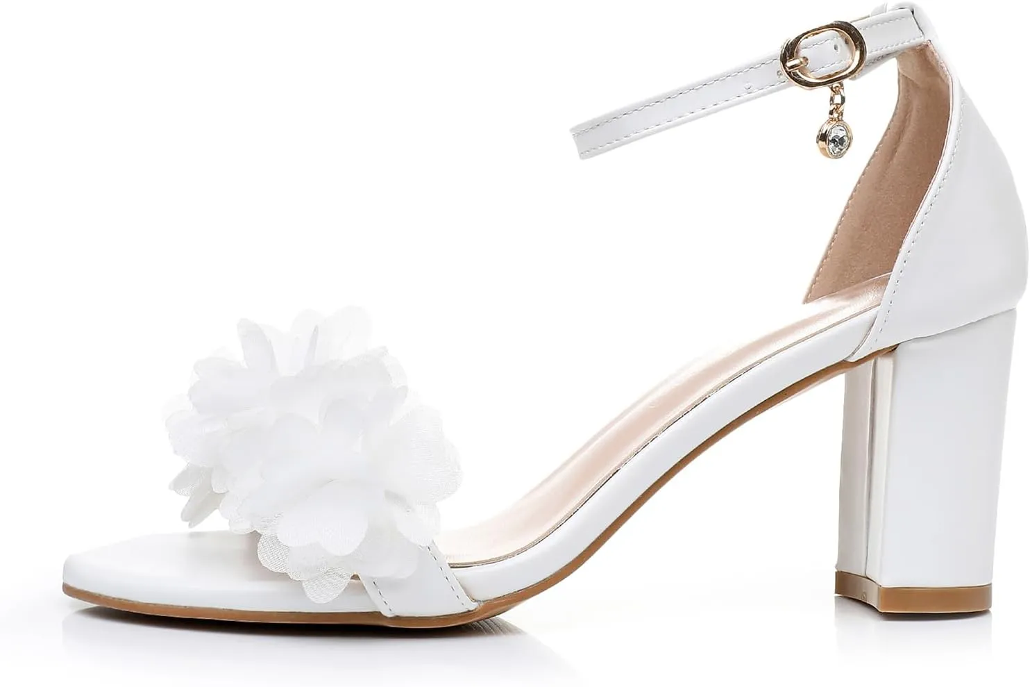 Bridal Shoes for Women White Chunky Peep Toe Sandals 3 Inch Leather Wedding Heels Satin Flower for Women Prom Party Evening Casual