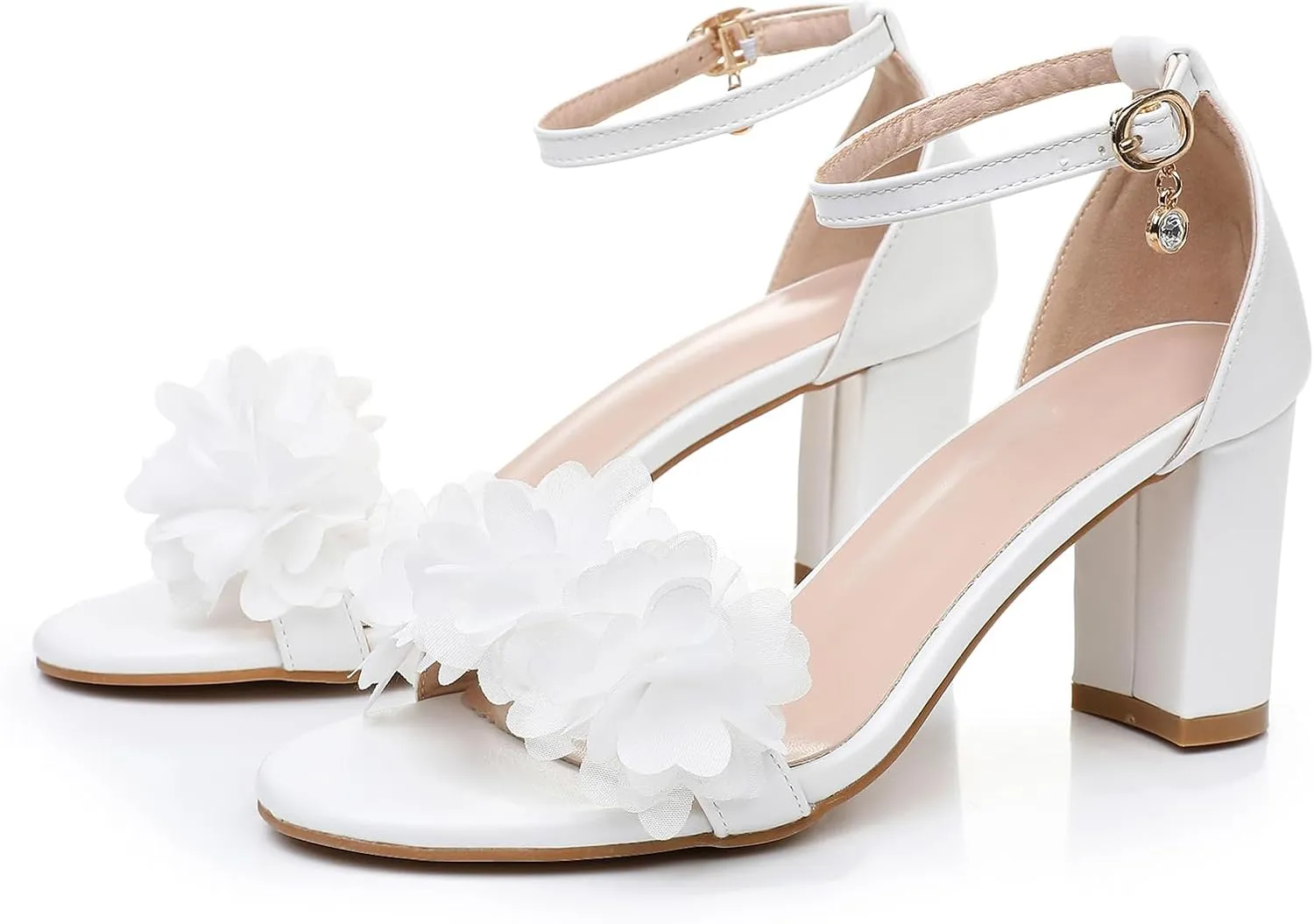Bridal Shoes for Women White Chunky Peep Toe Sandals 3 Inch Leather Wedding Heels Satin Flower for Women Prom Party Evening Casual