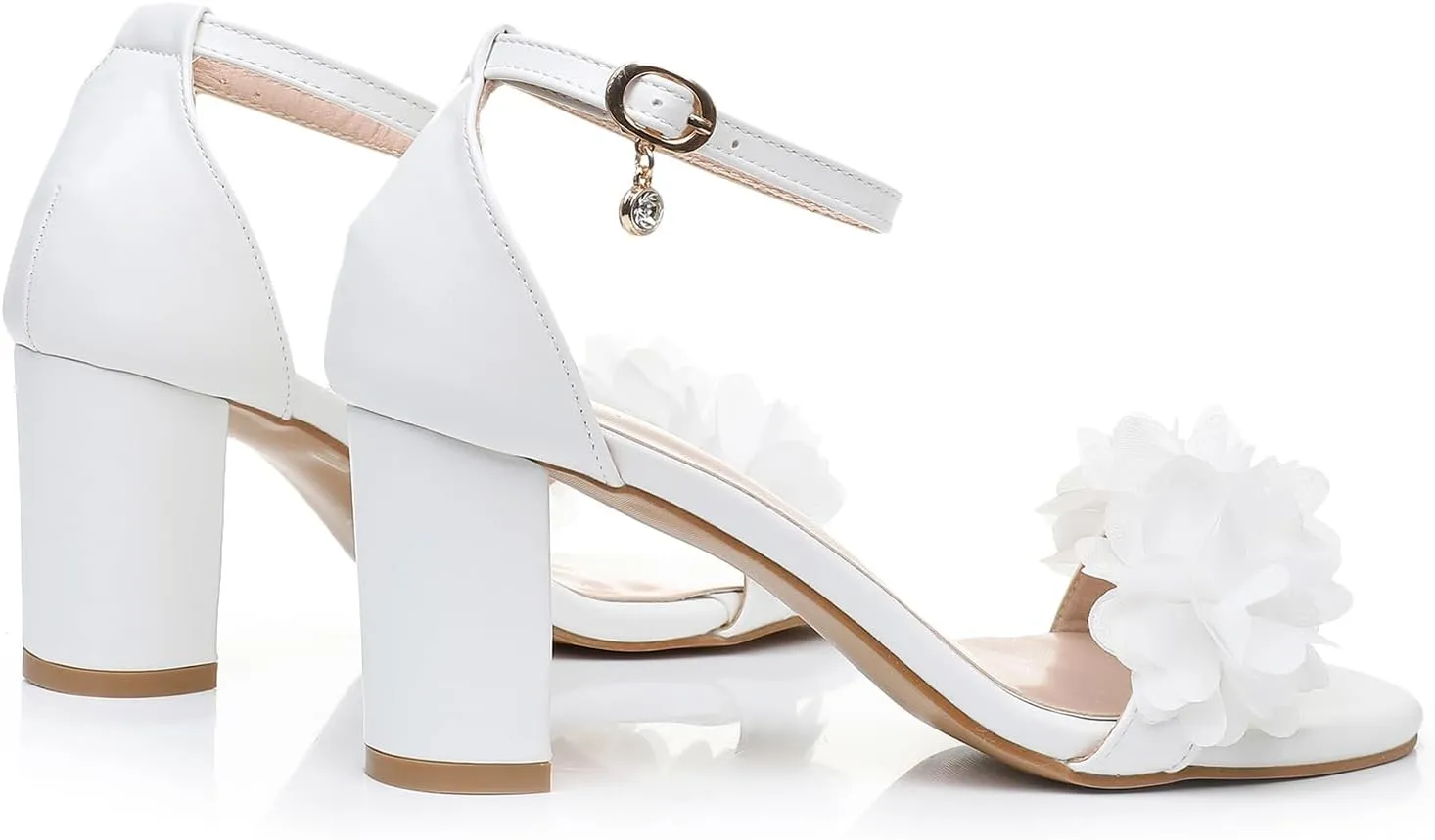 Bridal Shoes for Women White Chunky Peep Toe Sandals 3 Inch Leather Wedding Heels Satin Flower for Women Prom Party Evening Casual