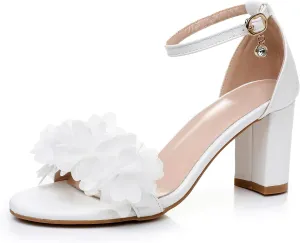 Bridal Shoes for Women White Chunky Peep Toe Sandals 3 Inch Leather Wedding Heels Satin Flower for Women Prom Party Evening Casual