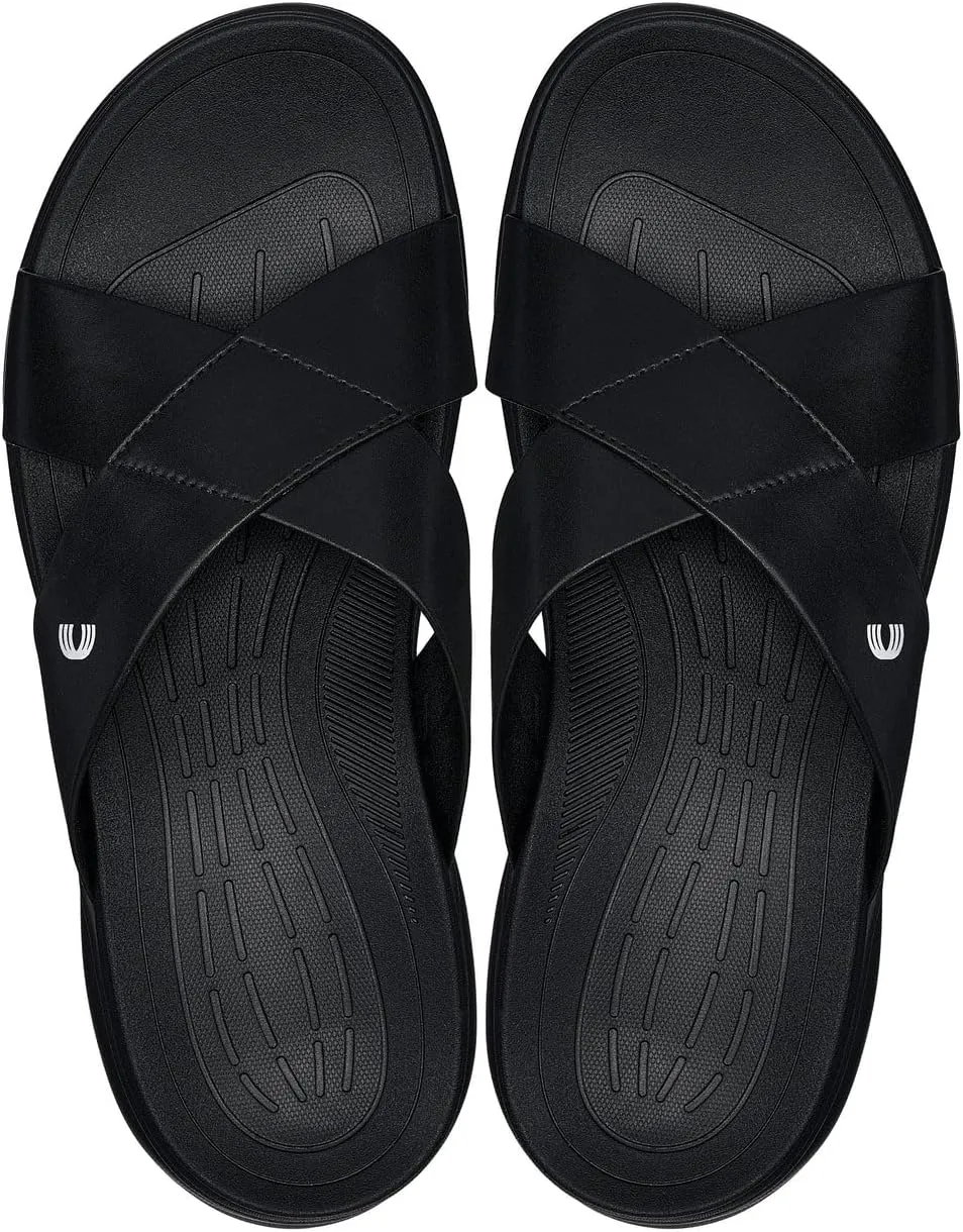 CALTO Men's Invisible Height Increasing Elevator Shoes - Black/Matte Black Ultra Light-Weight Slip-on Comfort Sandals - 2 Inches Taller - X1652 - Size 9 D(M) US