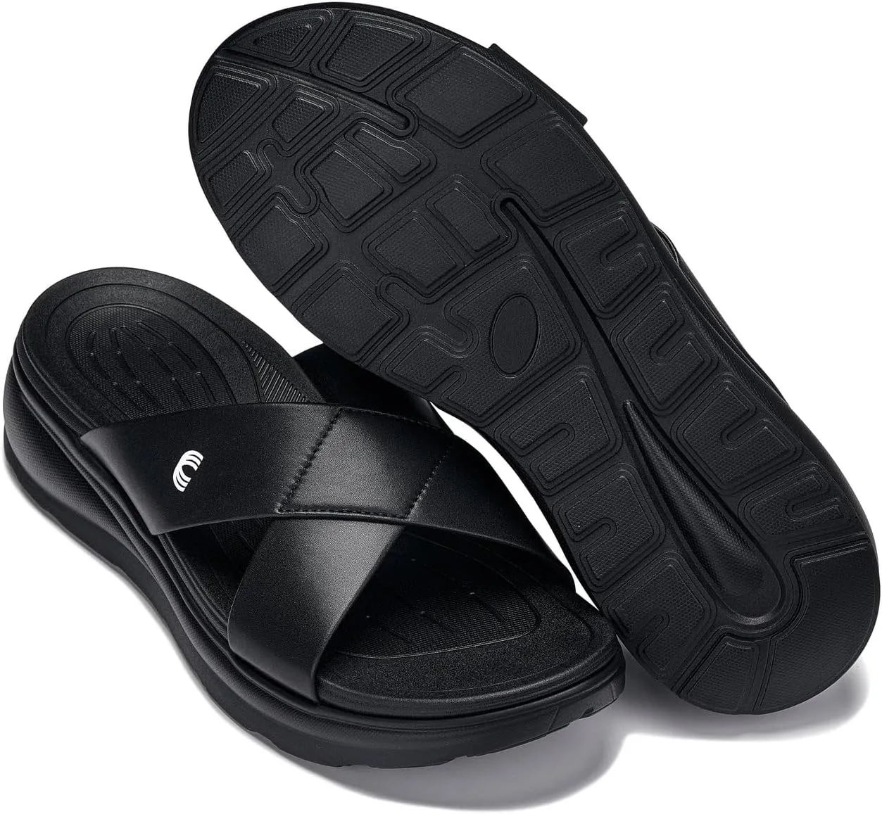 CALTO Men's Invisible Height Increasing Elevator Shoes - Black/Matte Black Ultra Light-Weight Slip-on Comfort Sandals - 2 Inches Taller - X1652 - Size 9 D(M) US