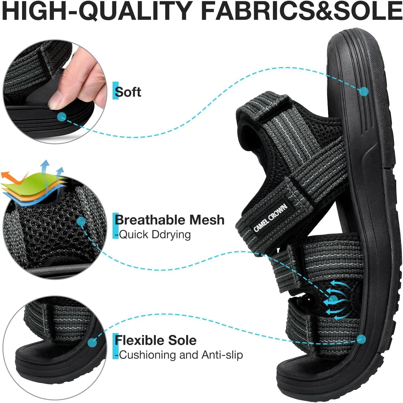 CAMEL CROWN Men's Athletic Sandals Breathable Mesh Hiking Sandals Open Toe Sandals for Men Summer Casual Sport