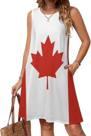 Canada Flag Women's Summer Dress Sleeveless Casual Loose Beach Vacation Tank Sundress