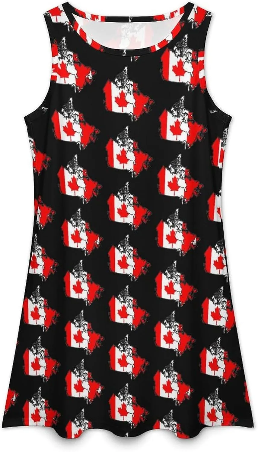 Canadian Flag Map Women's Summer Dress Sleeveless Casual Loose Beach Vacation Tank Sundress