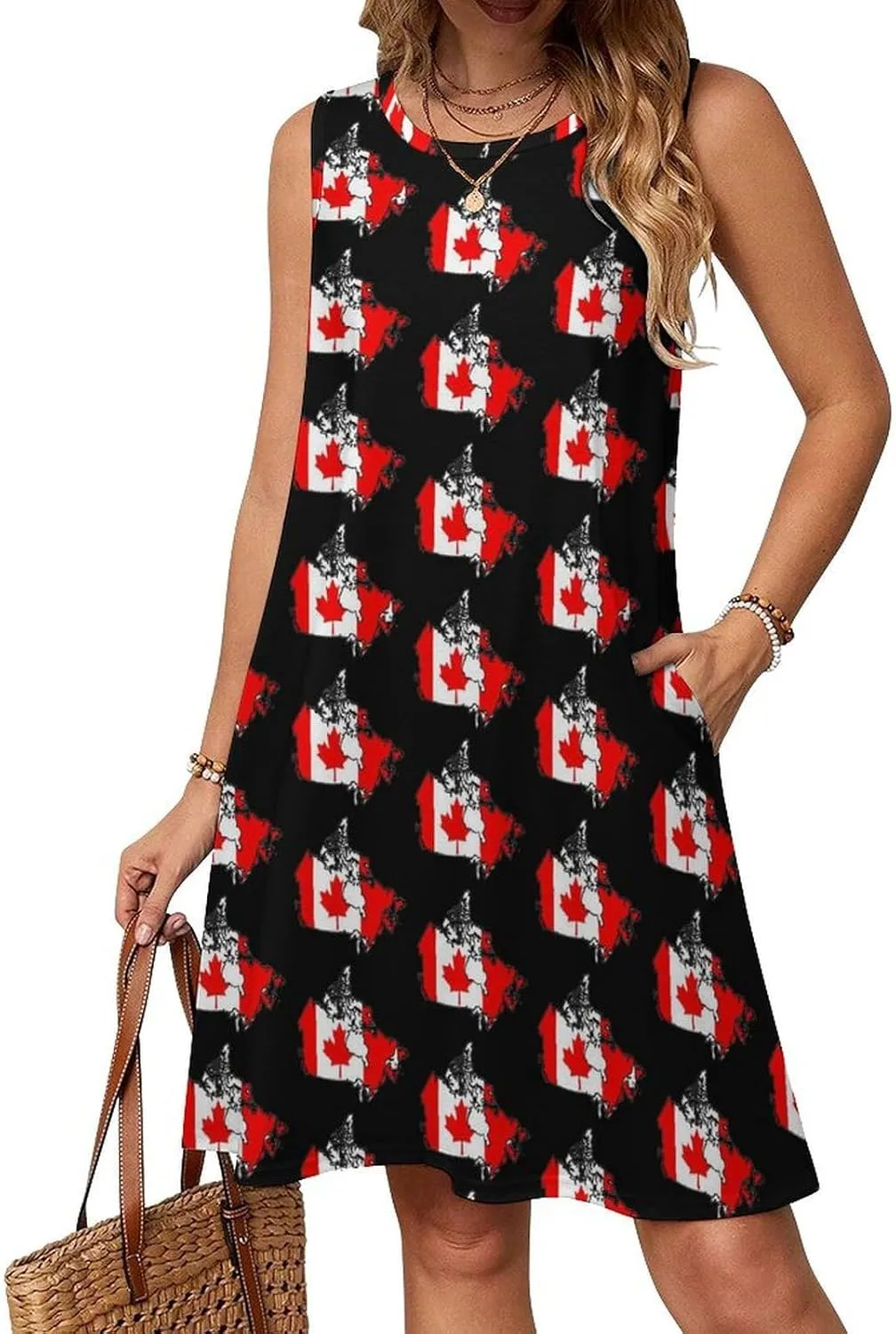 Canadian Flag Map Women's Summer Dress Sleeveless Casual Loose Beach Vacation Tank Sundress