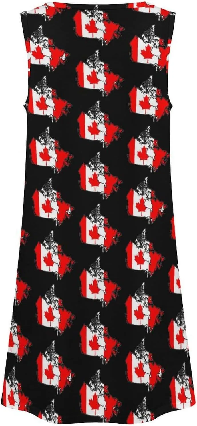 Canadian Flag Map Women's Summer Dress Sleeveless Casual Loose Beach Vacation Tank Sundress