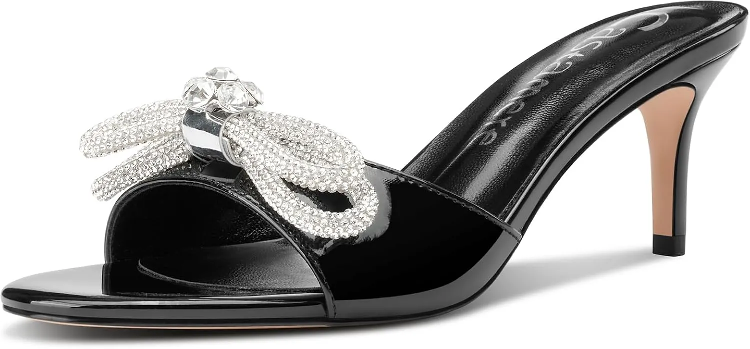 Castamere Round Open Toe Heeled Sandals for Women Rhinestone Double Bowknots Mid Kitten Heels Slip-on Dress Wedding Dating Heeled Mules 2.6 Inches Heels